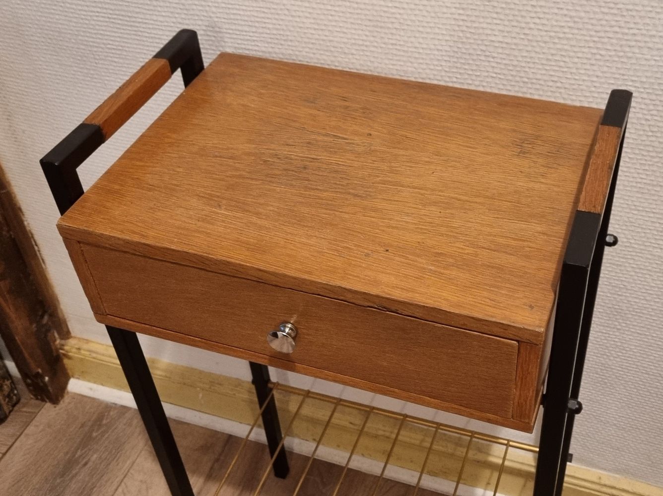 Bedside table, wood and metal, vintage, 60s