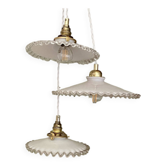 Triple pendant light with antique white opaline lampshades