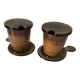 Pair of glazed stoneware cups with saucers and lids