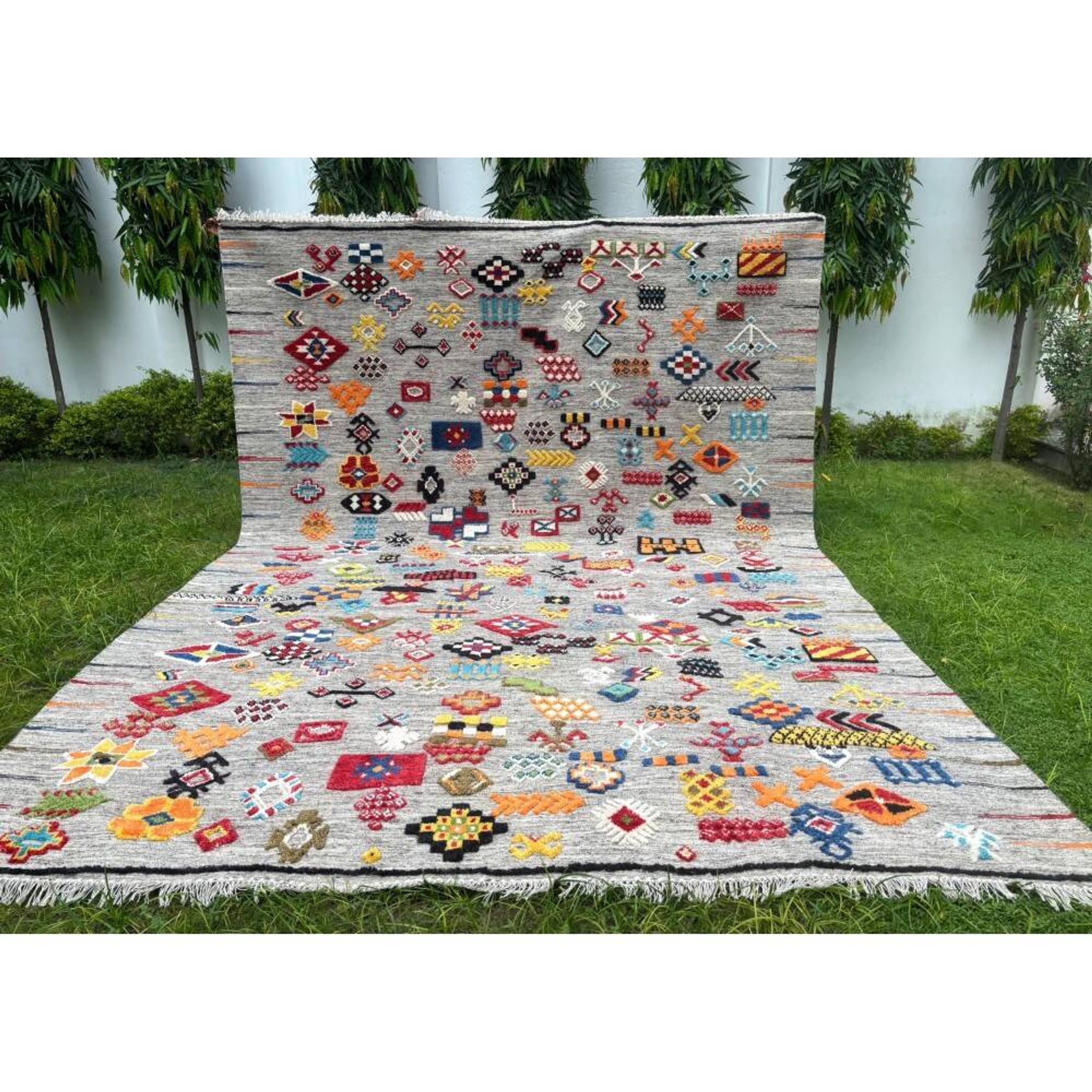 Tapis en laine 100 % noué à la main multicolore. Tapis géométrique gris. Kilim tribal tissé à la main.