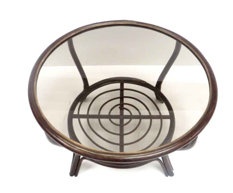 Coffee table bamboo and rattan with 60s glass top
