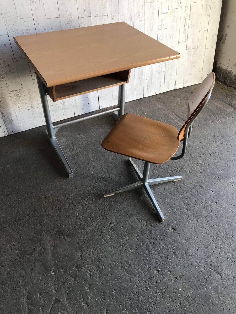 Embru set from the 1960s, school desk and brown wooden and steel chair, Switzerland, set of 2.