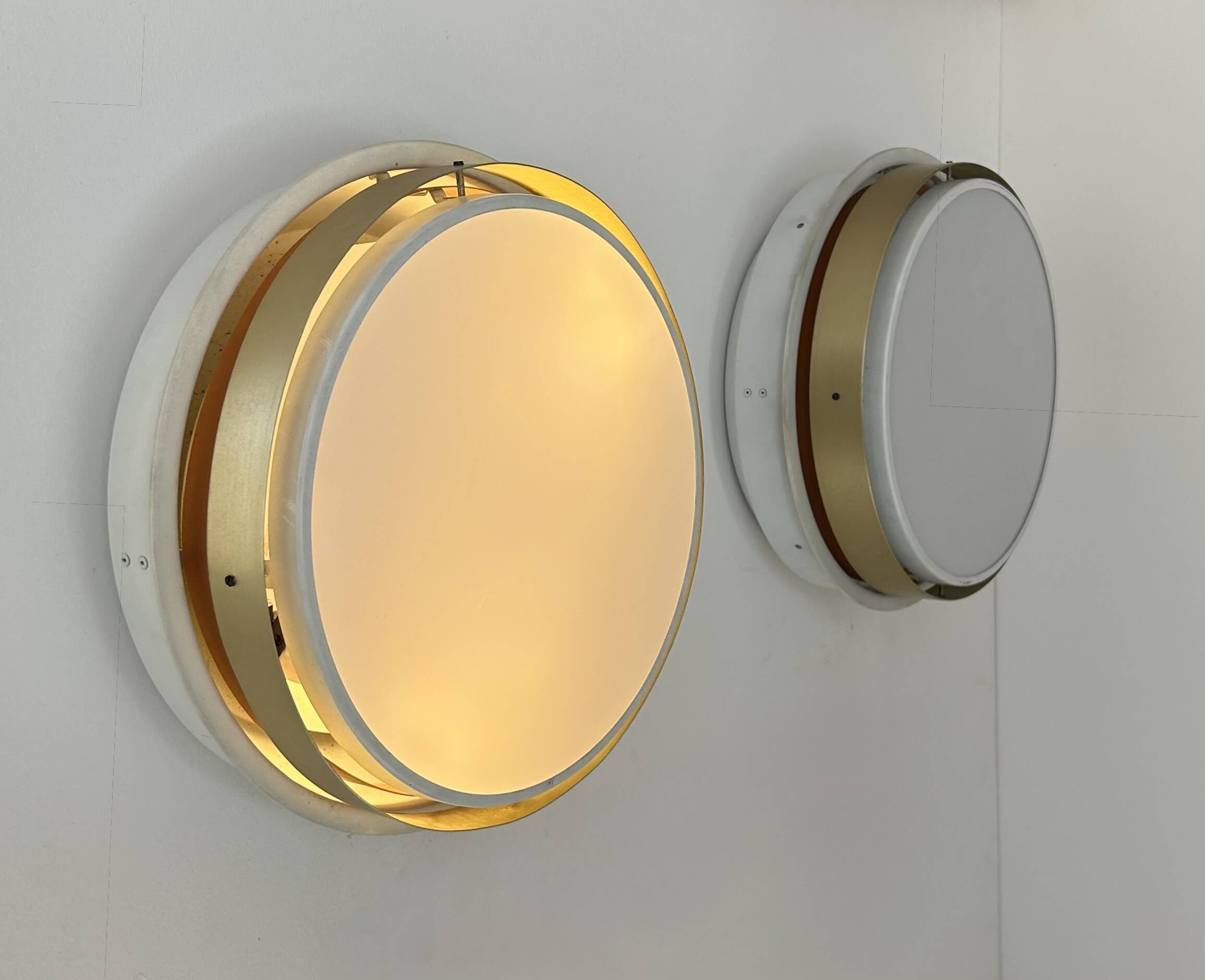 Pair of vintage XL wall lights, brass and opaline glass, Denmark 1970