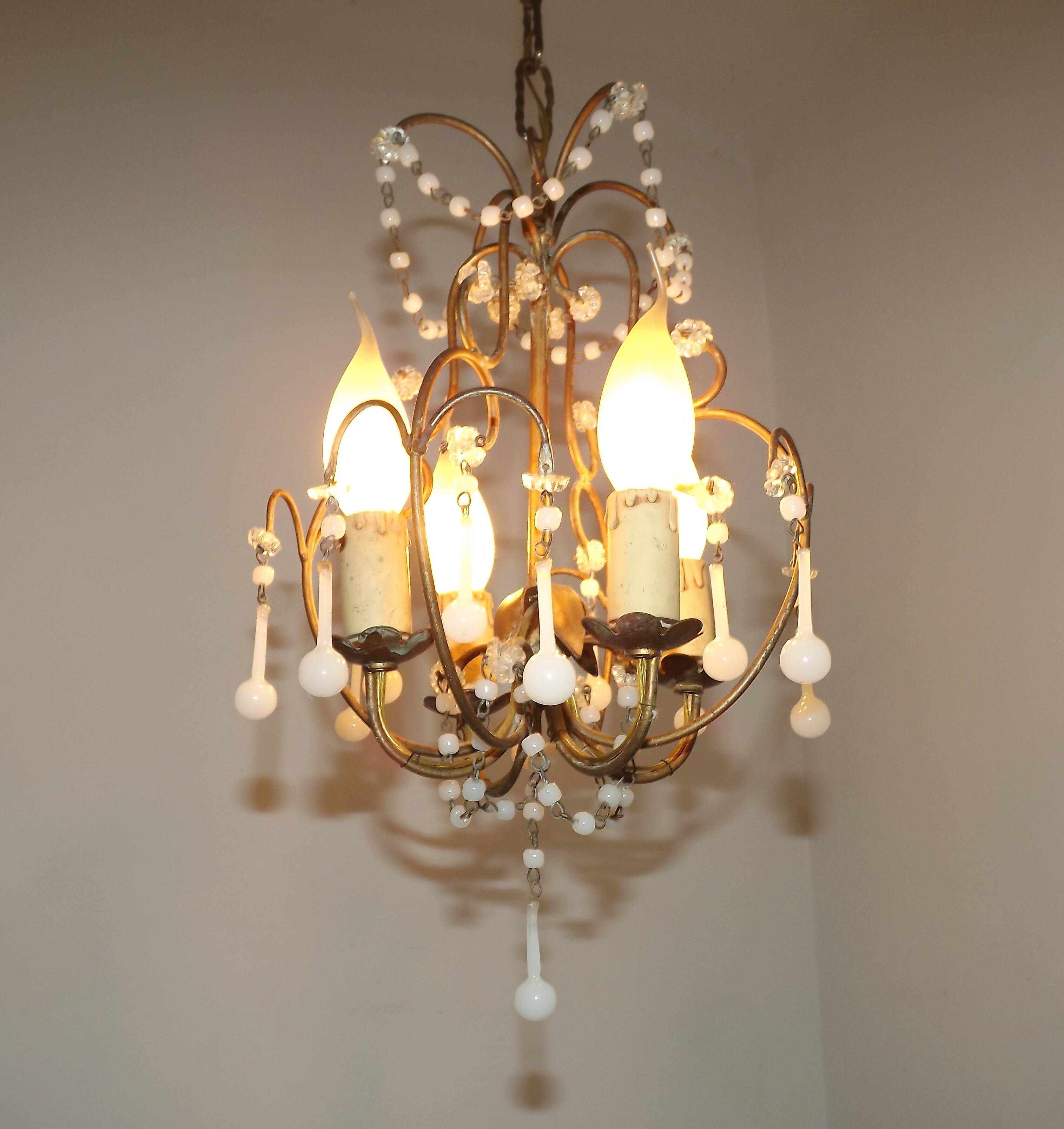 French Vintage 4 Light Metal Cage Chandelier with White Murano Drops and Beads