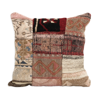 Vintage Square Turkish Patchwork Rug Pillow, Ethnic Wool Handmade Cushion Cover, Designer Pillow