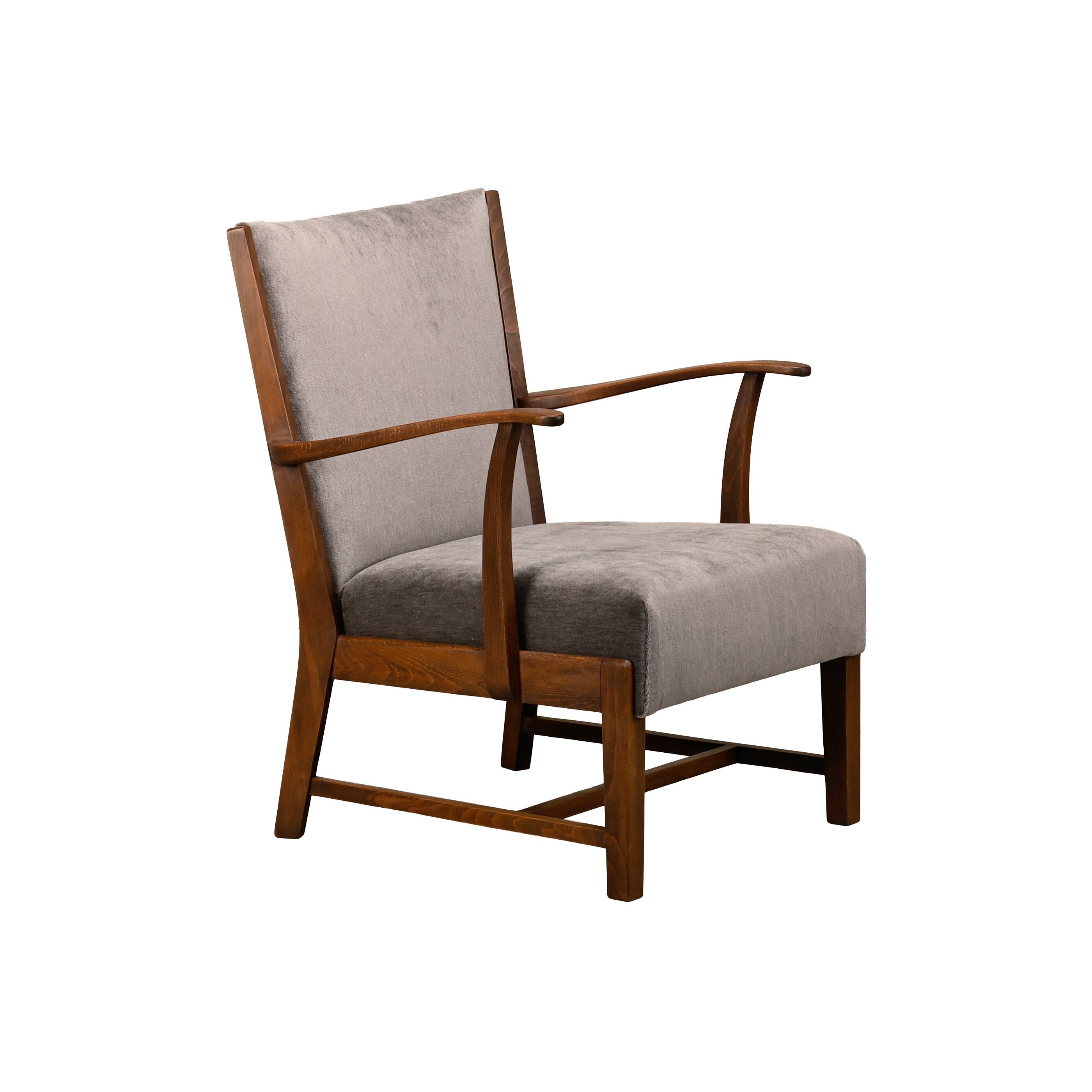 Fritz Hansen Armchair in stained beech wood and warm Grey Mohair, 1940s
