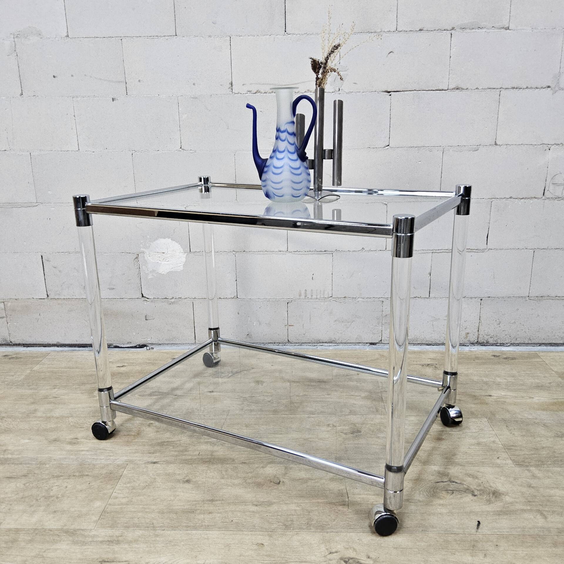 Vintage glass and chrome drinks trolley / tea trolley / side table