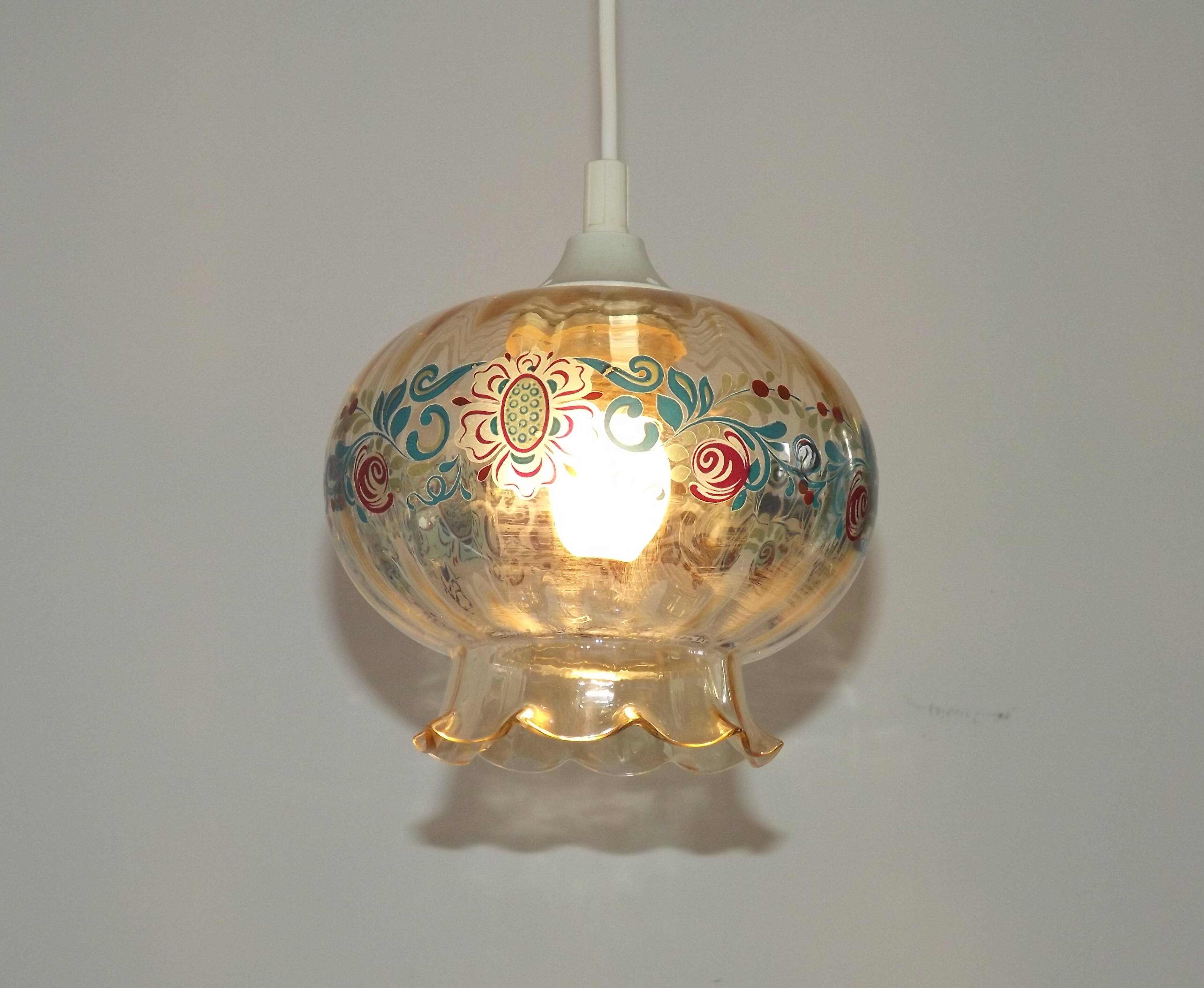 French Vintage Clear Glass Ceiling Light with Colourful Floral Decoration