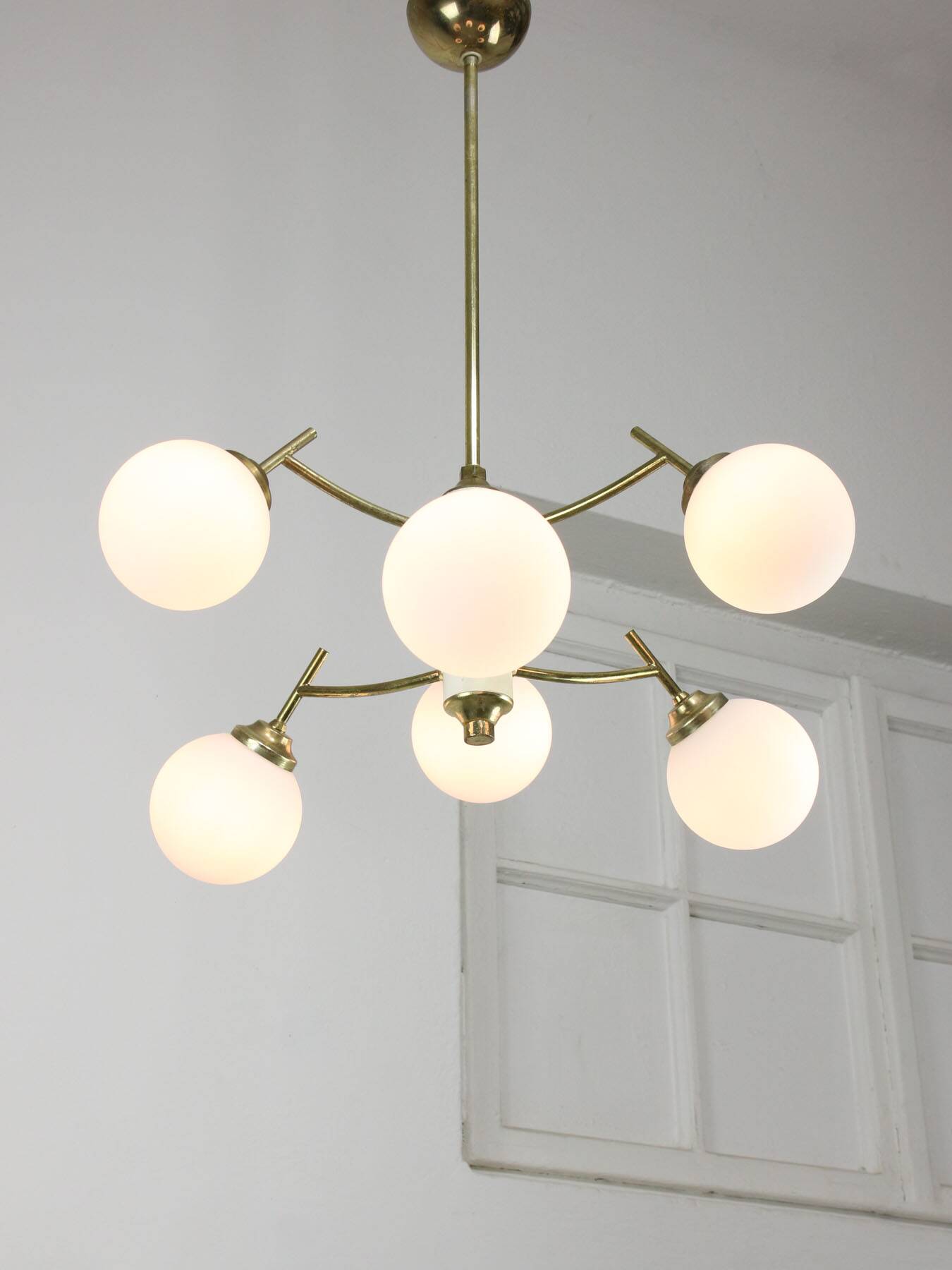 Mid-century Italian Brass and Opaline Chandelier, 50s