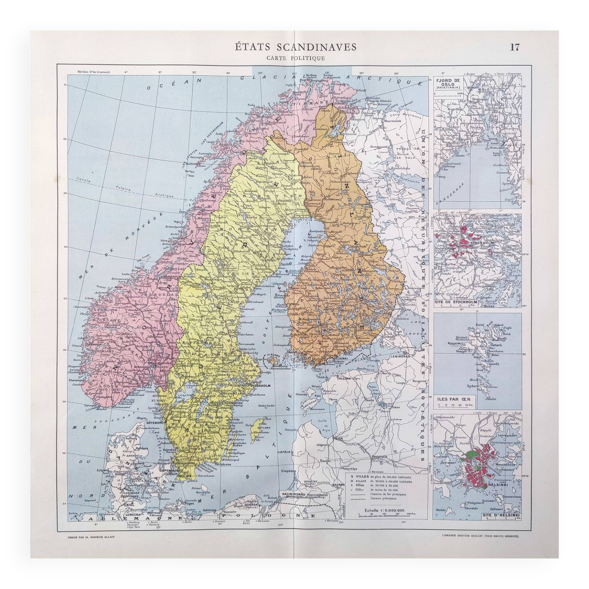 Carte ancienne  Scandinavie Norvège Suède Finlande 43x43cm de 1950
