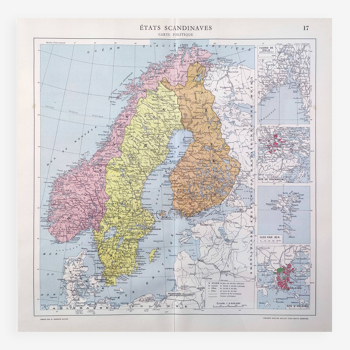 Carte ancienne  Scandinavie Norvège Suède Finlande 43x43cm de 1950