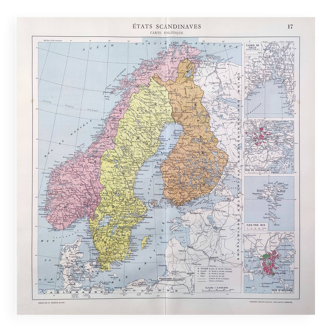 Old map Scandinavia Norway Sweden Finland 43x43cm from 1950