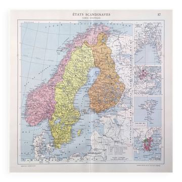 Carte ancienne  Scandinavie Norvège Suède Finlande 43x43cm de 1950