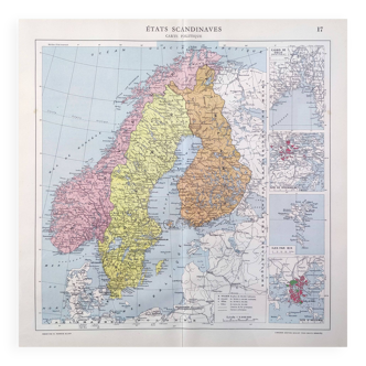 Carte ancienne  Scandinavie Norvège Suède Finlande 43x43cm de 1950