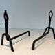 Pair of Modernist Andirons in Wrought Iron with Stylised Torches and Bases Ang
