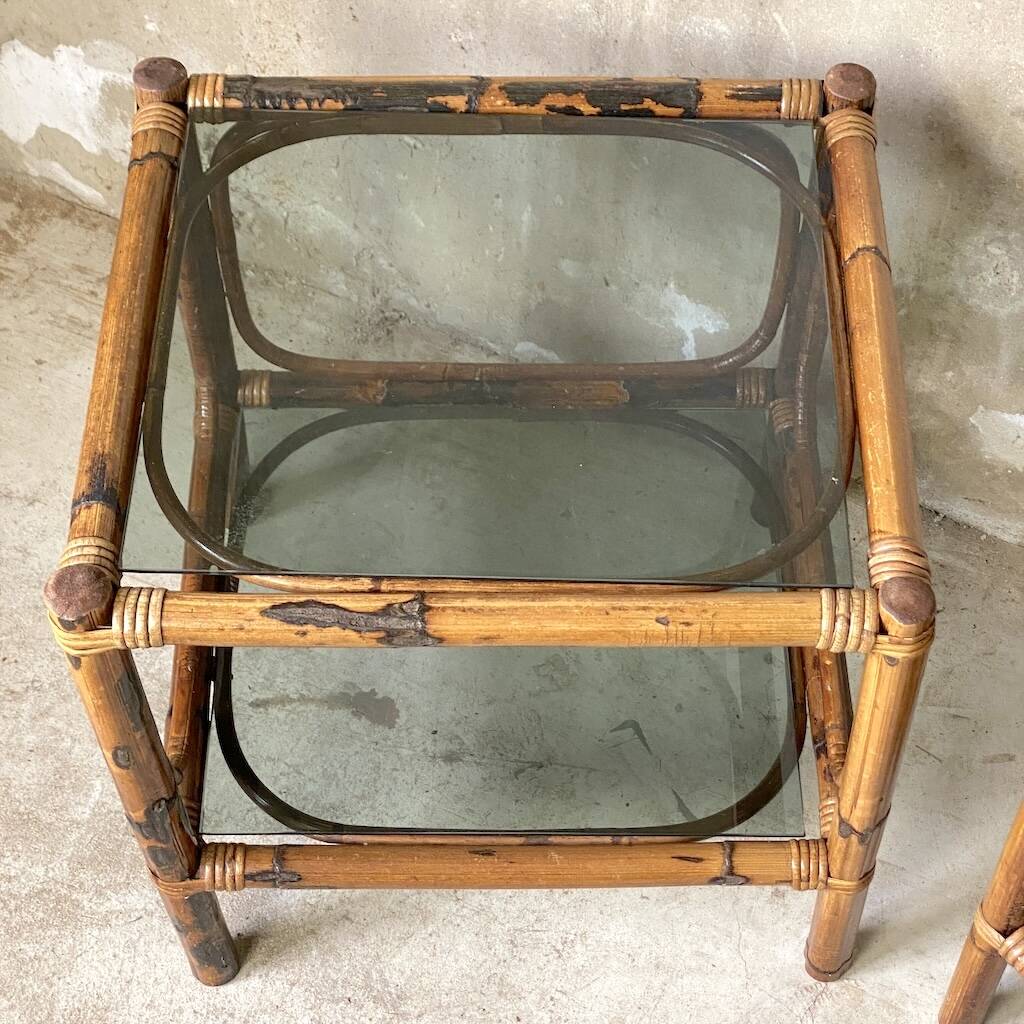 Pair of bedside tables or side tables in vintage 1980s rattan.