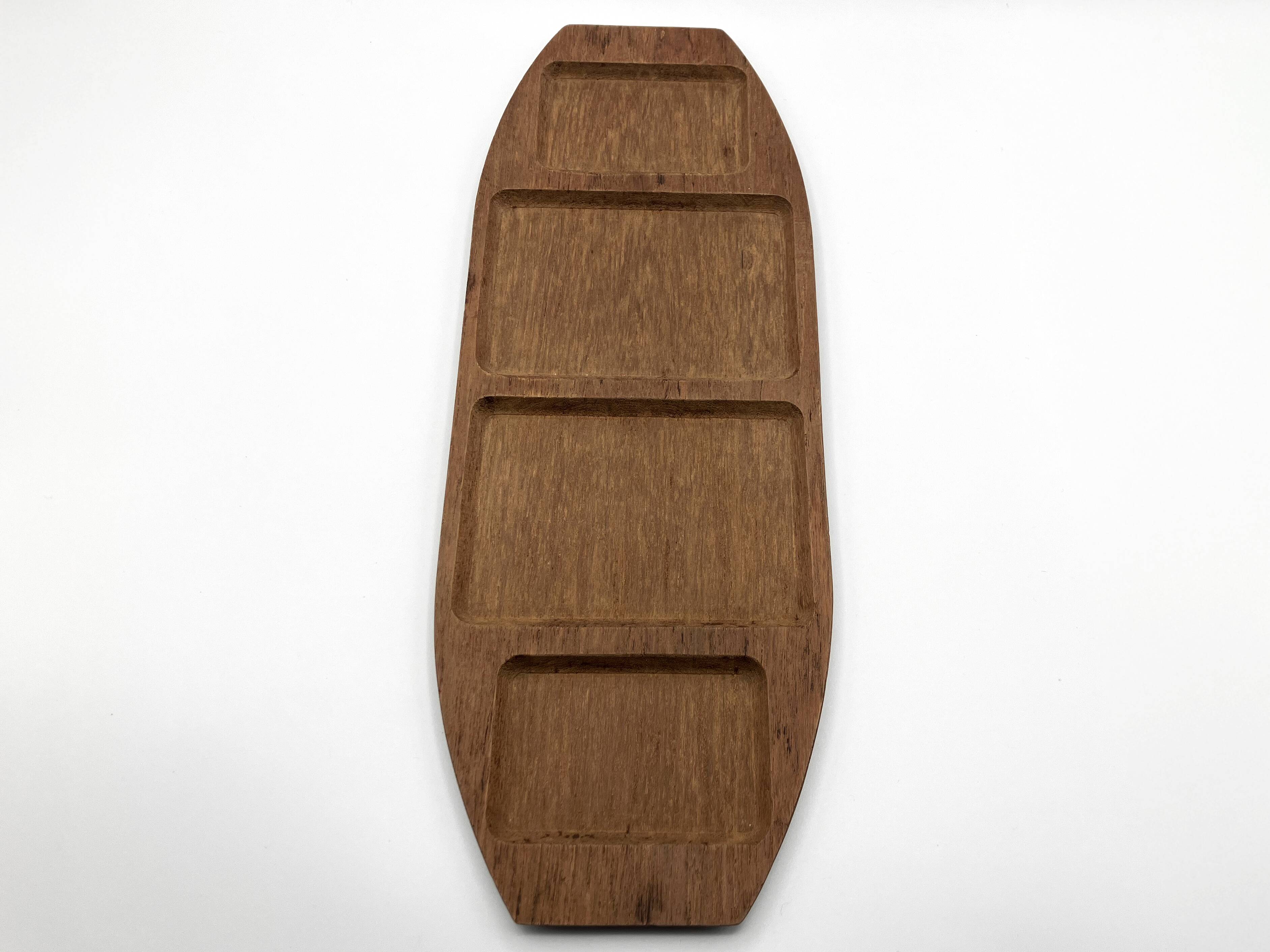 Teak tray and its 4 stackable glass dishes • Denmark • 1960