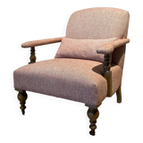 Wooden and red chevron fabric armchair with casters
