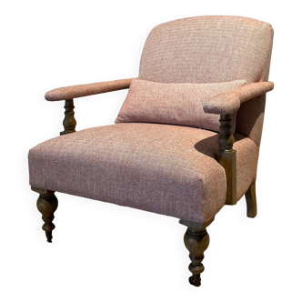 Wooden and red chevron fabric armchair with casters