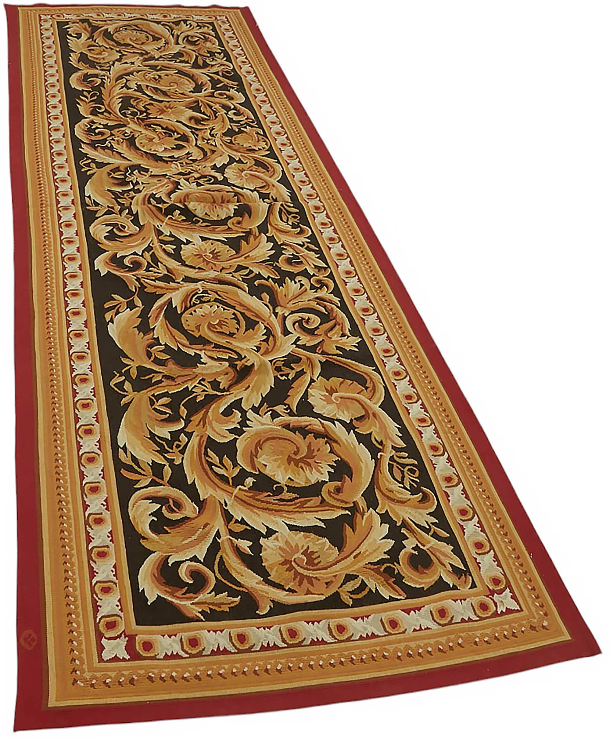 Handmade European Vintage Aubusson Kilim 90 cm x 300 cm