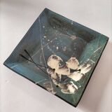 Square turquoise glazed stoneware dish, abstract floral decoration, signed.