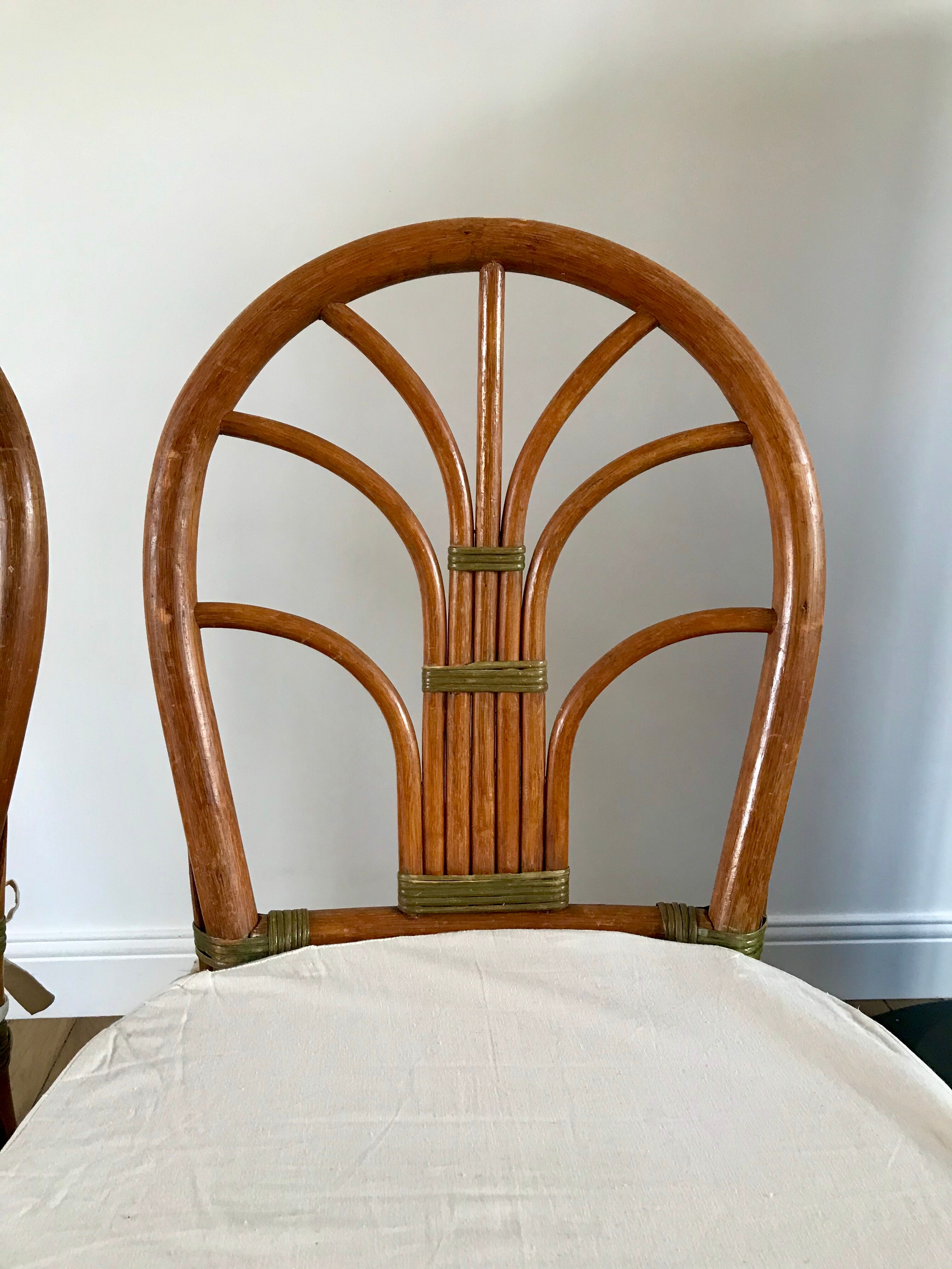 Set of 3 rattan / bamboo chairs with cushions years 1960-1970