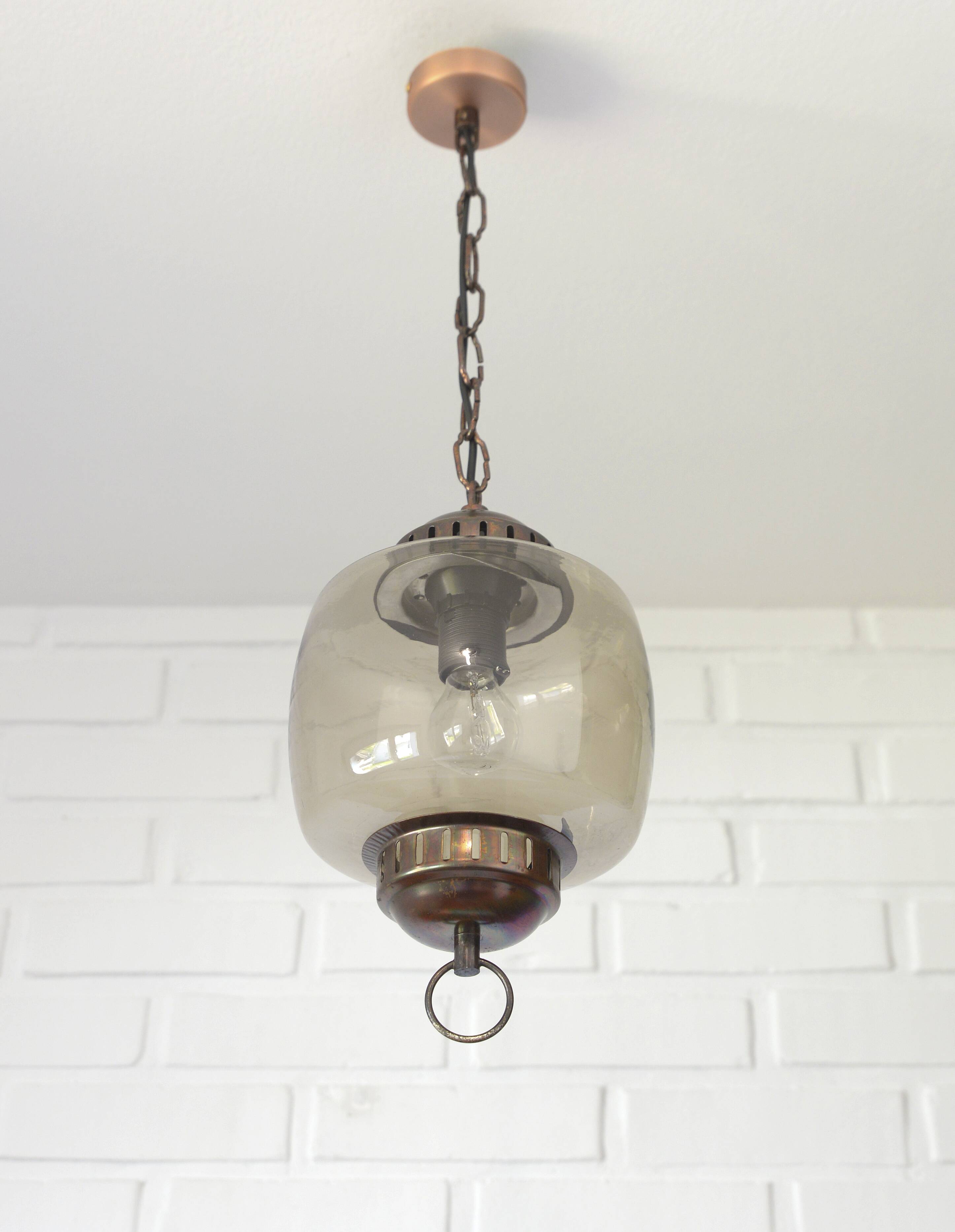 Vintage Copper Pendant Light Amber Glass Mid Century Modern Ceiling Lanter