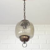 Vintage Copper Pendant Light Amber Glass Mid Century Modern Ceiling Lanter