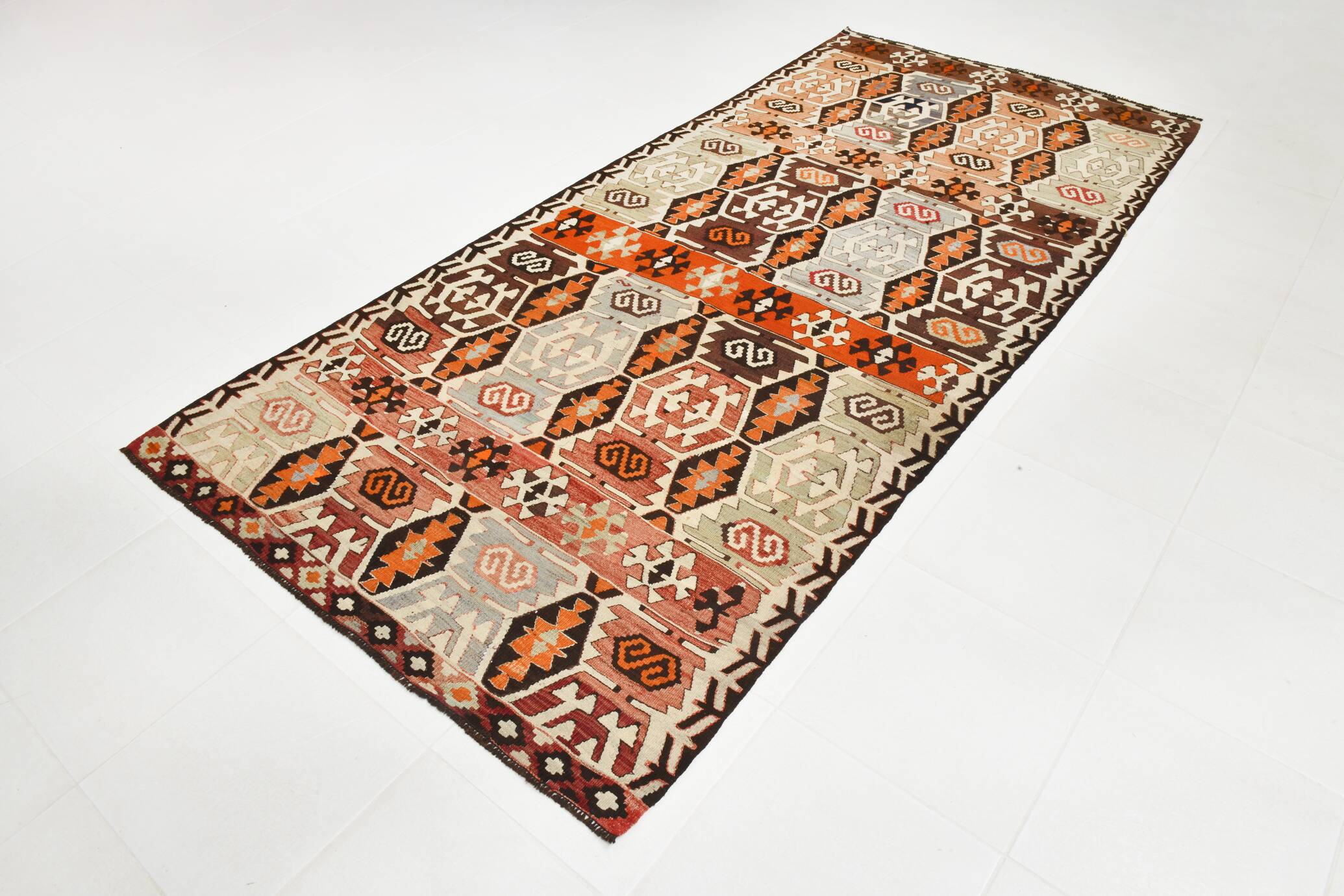 Light Green & Orange Tribal Turkish Kilim Rug, 141x305Cm