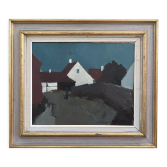 Mid-Century Modern Swedish "Walking Home" Vintage Landscape Oil Painting, Framed