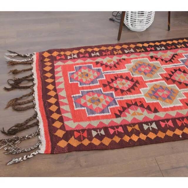 1970s Vintage Turkish Hand-Knotted Wool Cotton Red Runner Rug 94x347
