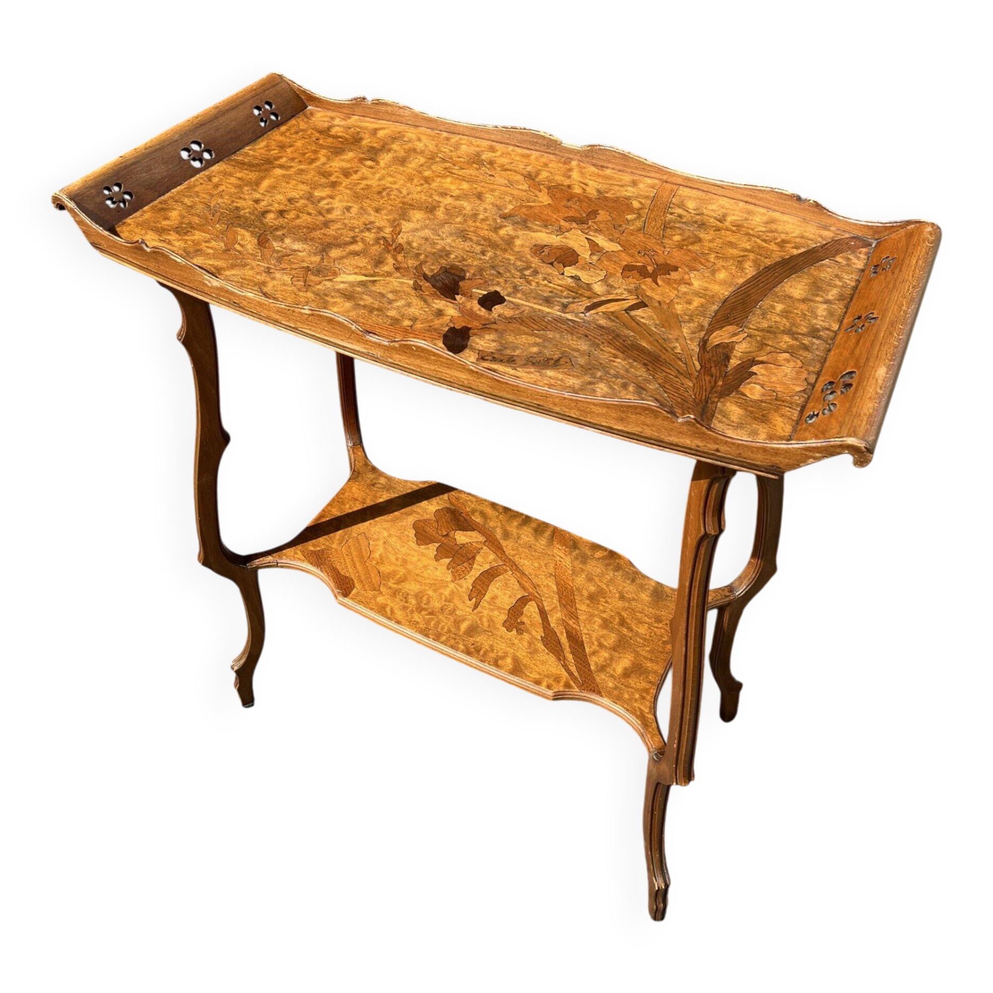Art Nouveau period two-tiered tea table in veneered wood, signed Émile Gallé