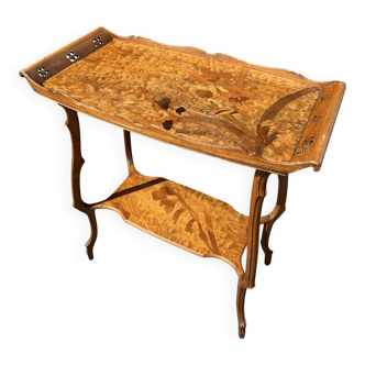 Art Nouveau period two-tiered tea table in veneered wood, signed Émile Gallé