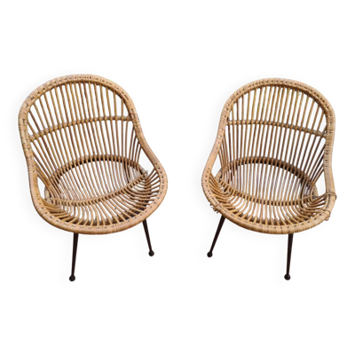 Paire de fauteuils corbeille rotin & métal noir – Vintage circa 1970