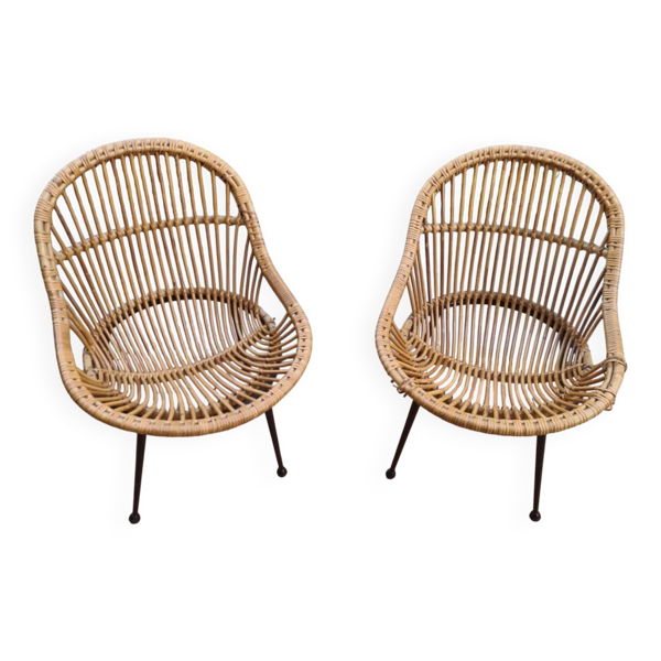 Paire de fauteuils corbeille rotin & métal noir – Vintage circa 1970