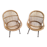 Paire de fauteuils corbeille rotin & métal noir – Vintage circa 1970