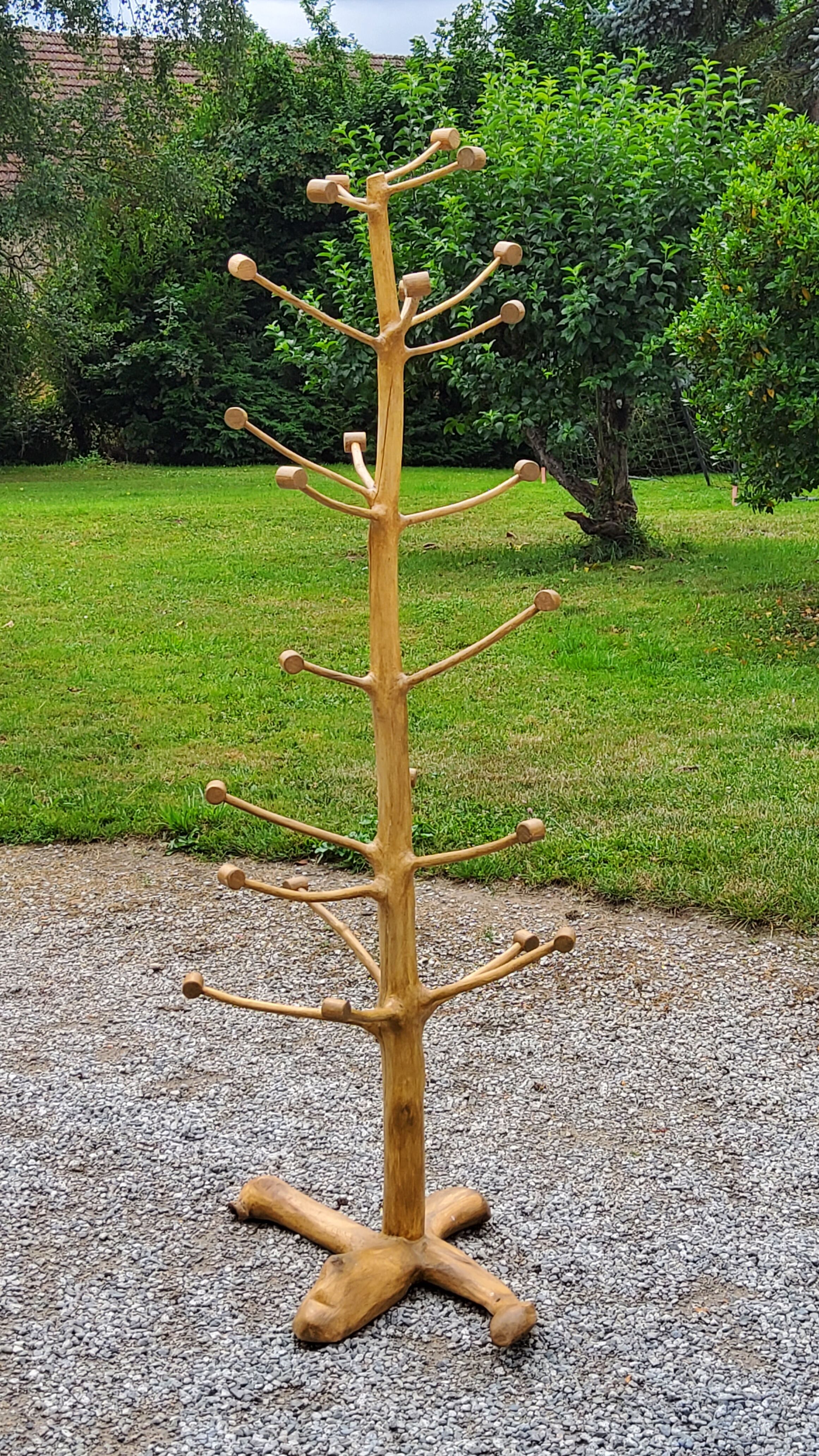 Brutalist coat rack on boxwood stand