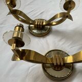 Vintage pair of art deco brass and mirrored glass wall lights France 1940