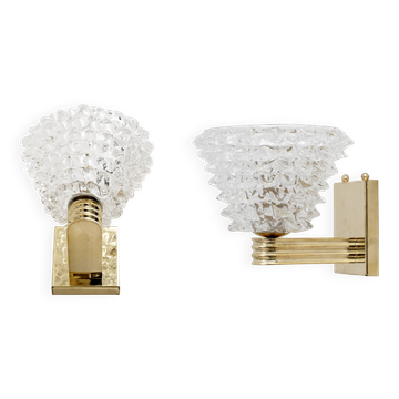 Barovier Art Dèco Style Brass and Rostrato Medium Murano Glass Sconces Pair