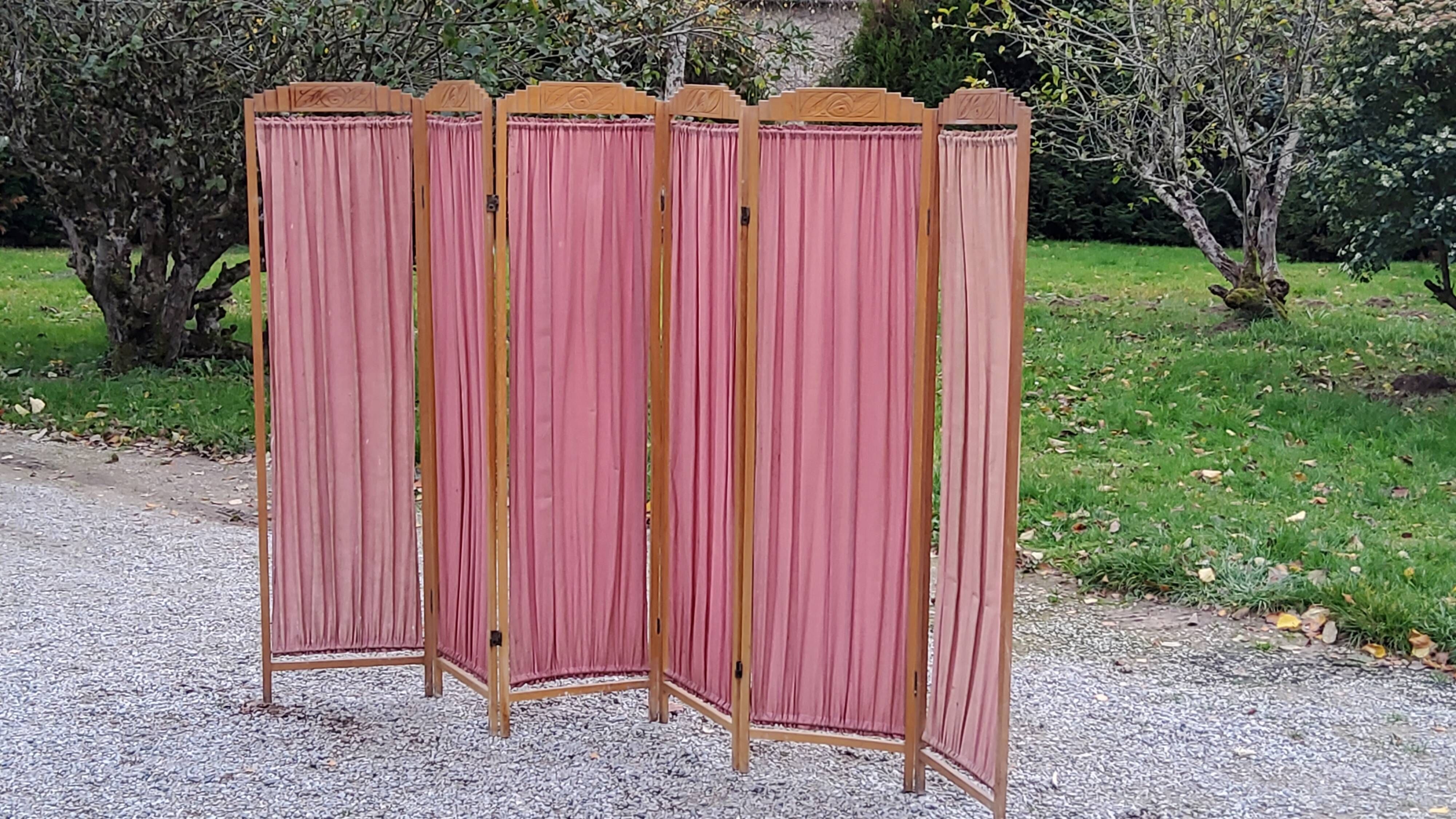 Art Deco screen 6 leaves in beech and fabrics of the 30s