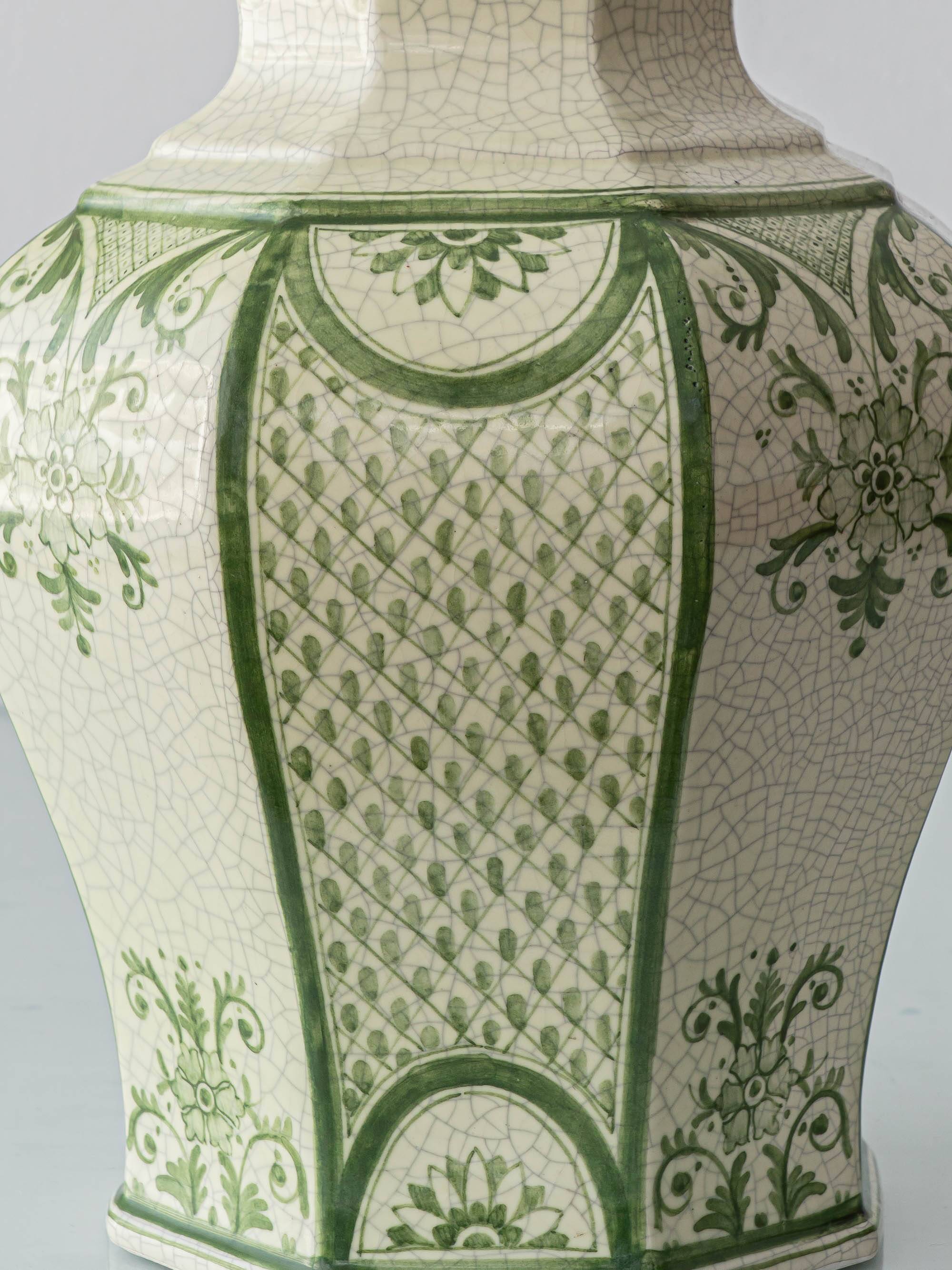 Spanish Revival Table Lamp in Green Ivory Crackle Ceramic, New Linen Shade