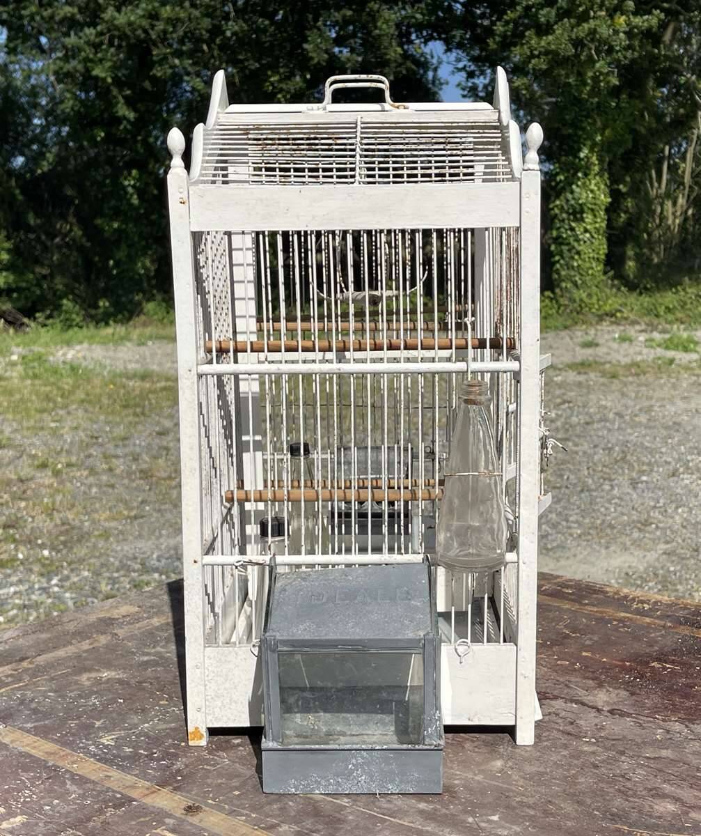 1950s wooden and metal birdcage with period accessories