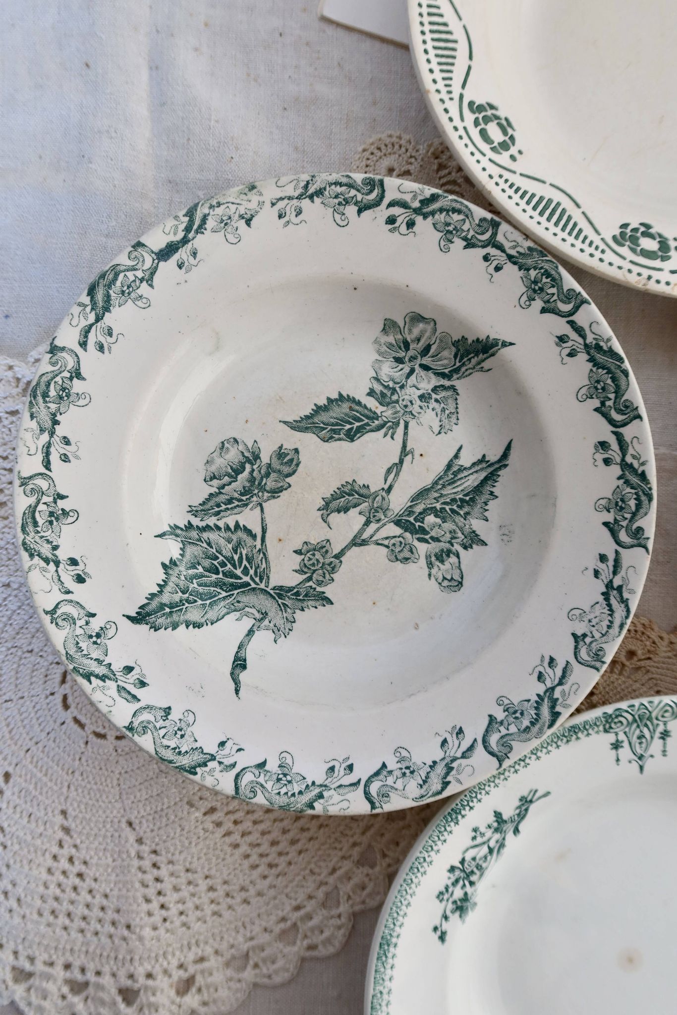 4 mismatched old green ironstone deep plates