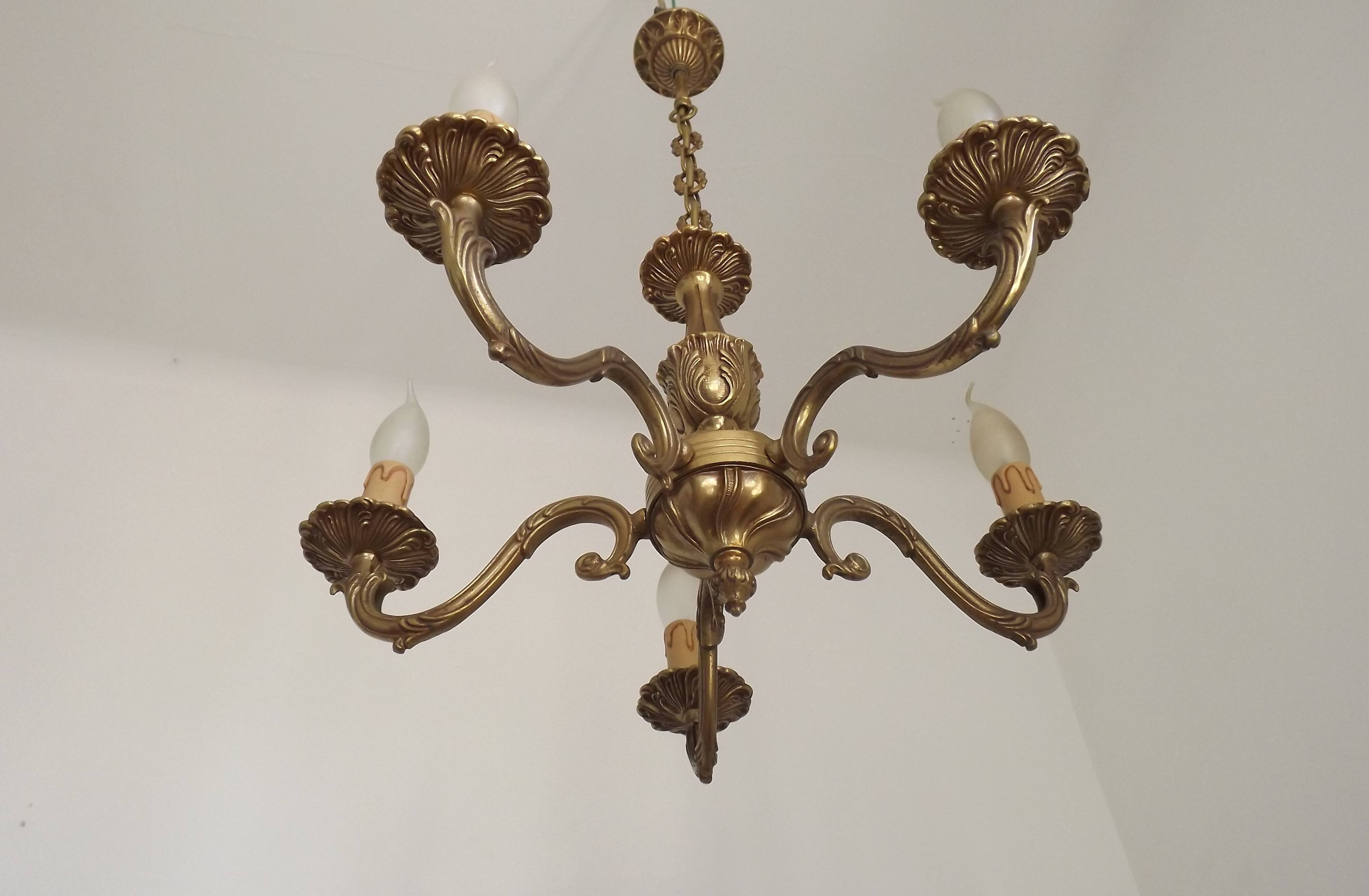 French Vintage Mid Century Bronze 5 Light Traditional Style Chandelier