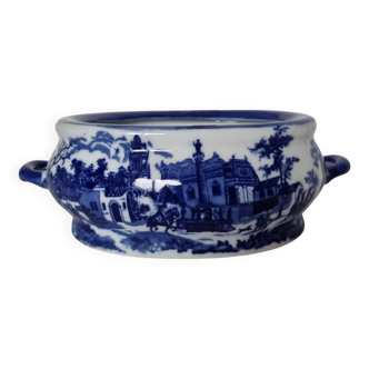 English porcelain flower pot or planter, blue Victorian landscape