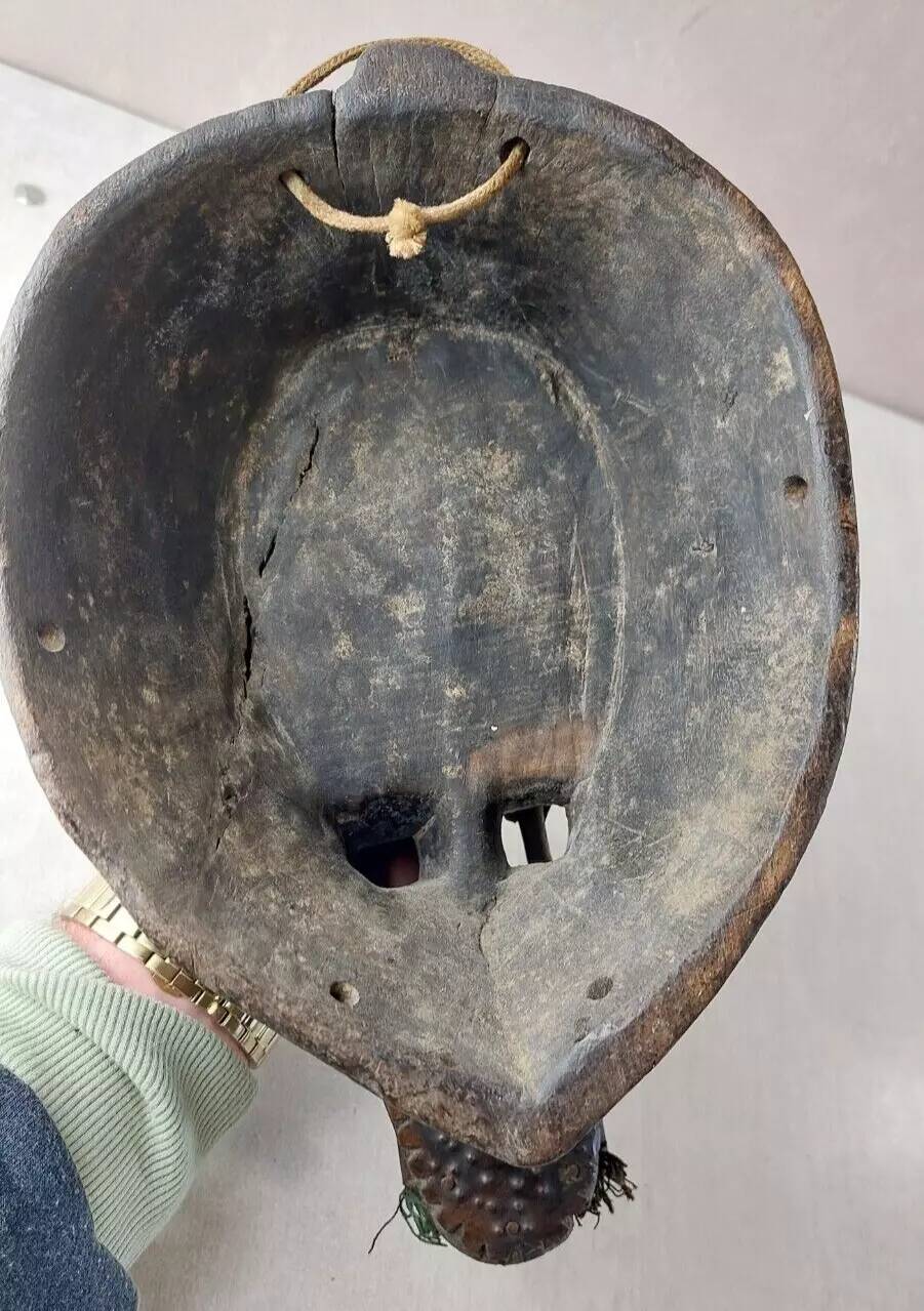 Antique African mask, carved wood and metal plates, Marka Mali