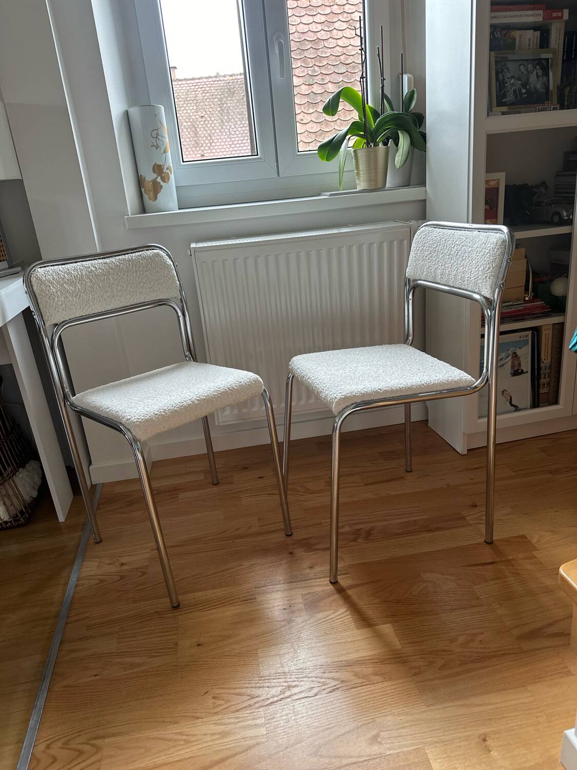 Pair of chrome bouclette chairs