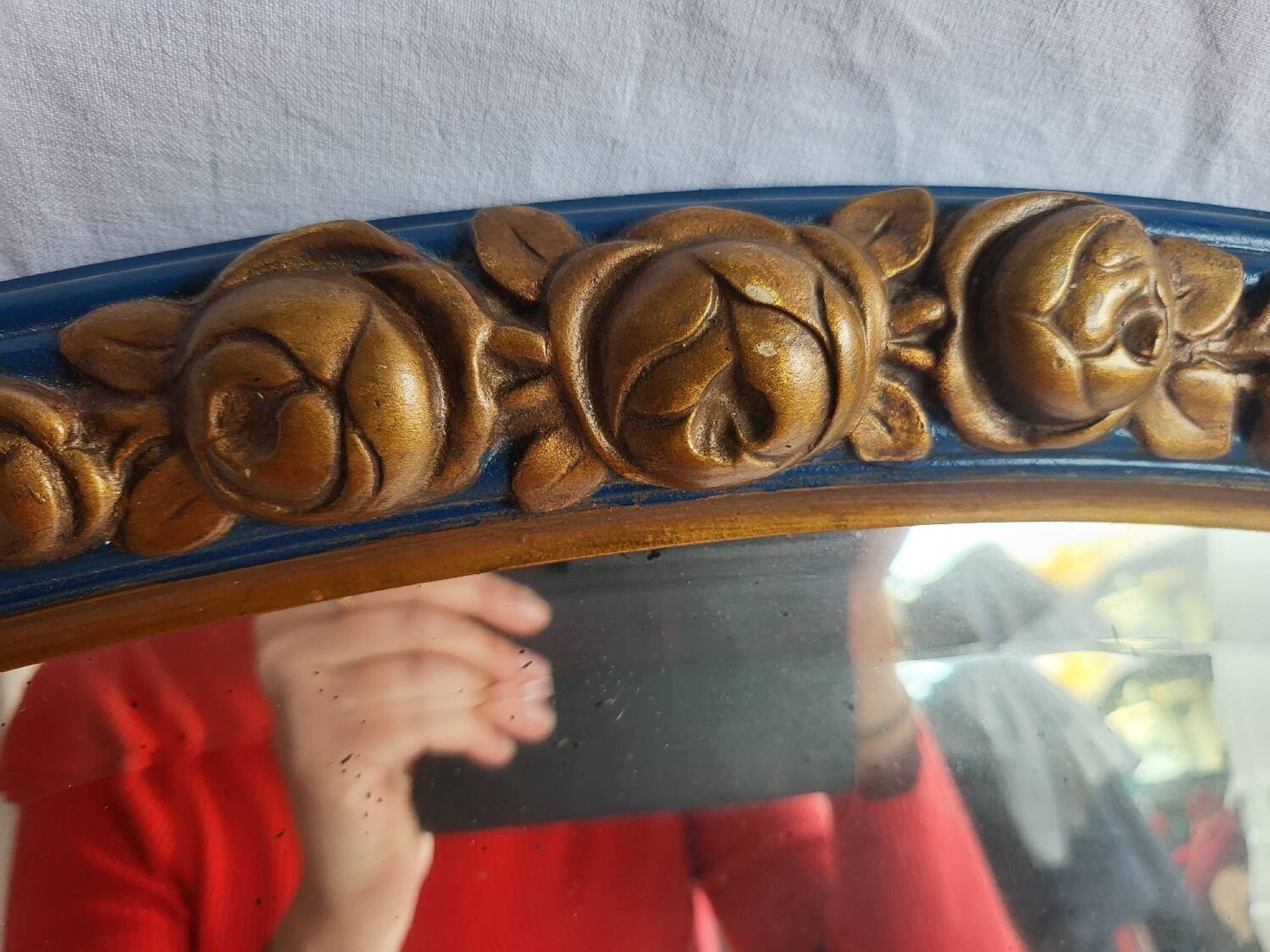 Antique oval mirror, royal blue and gold – rose design – 80 x 52 cm