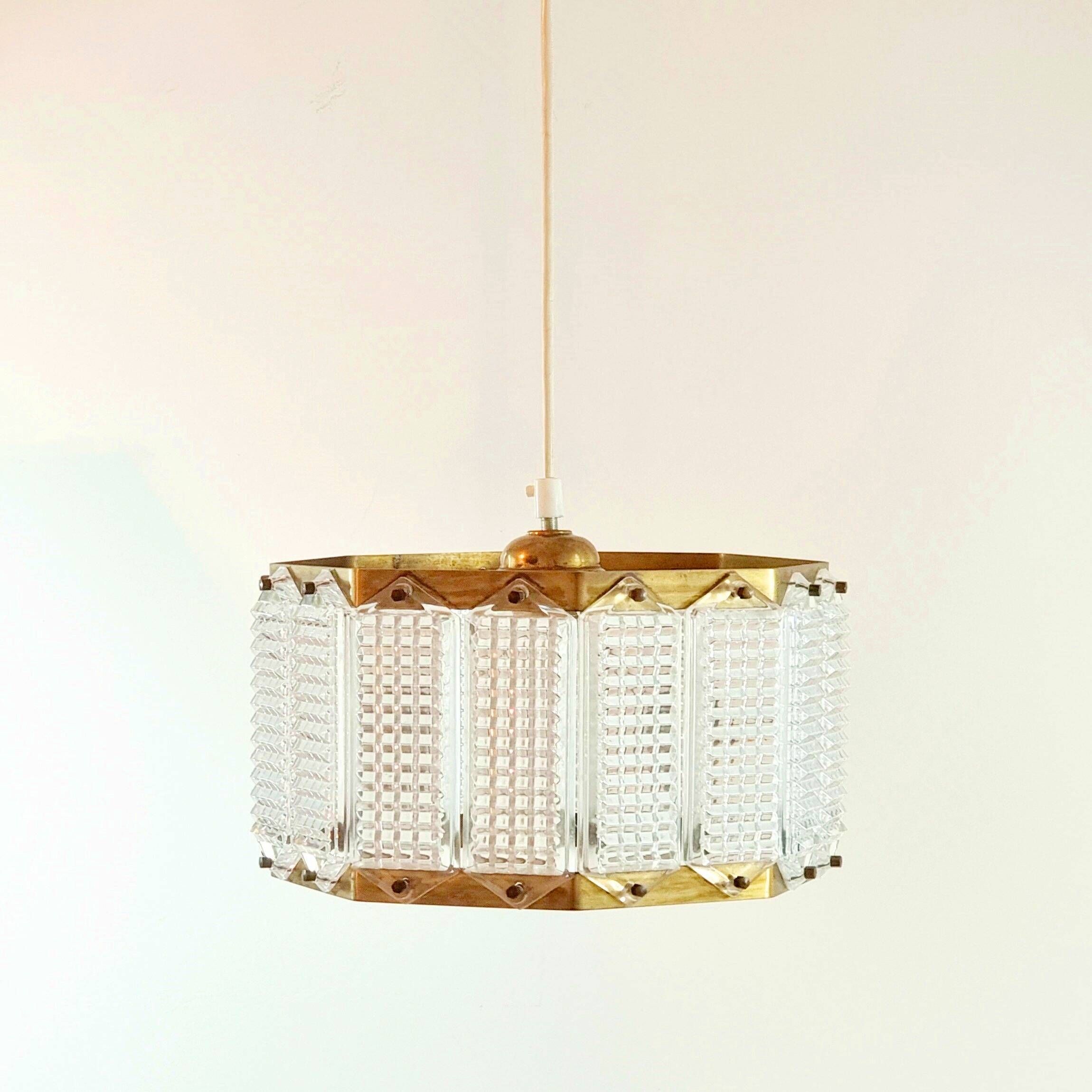 Mid-Century Scandinavian Glass & Brass Ceiling Light by Wiktor Berndt for Flygsfors, Sweden, 1960s