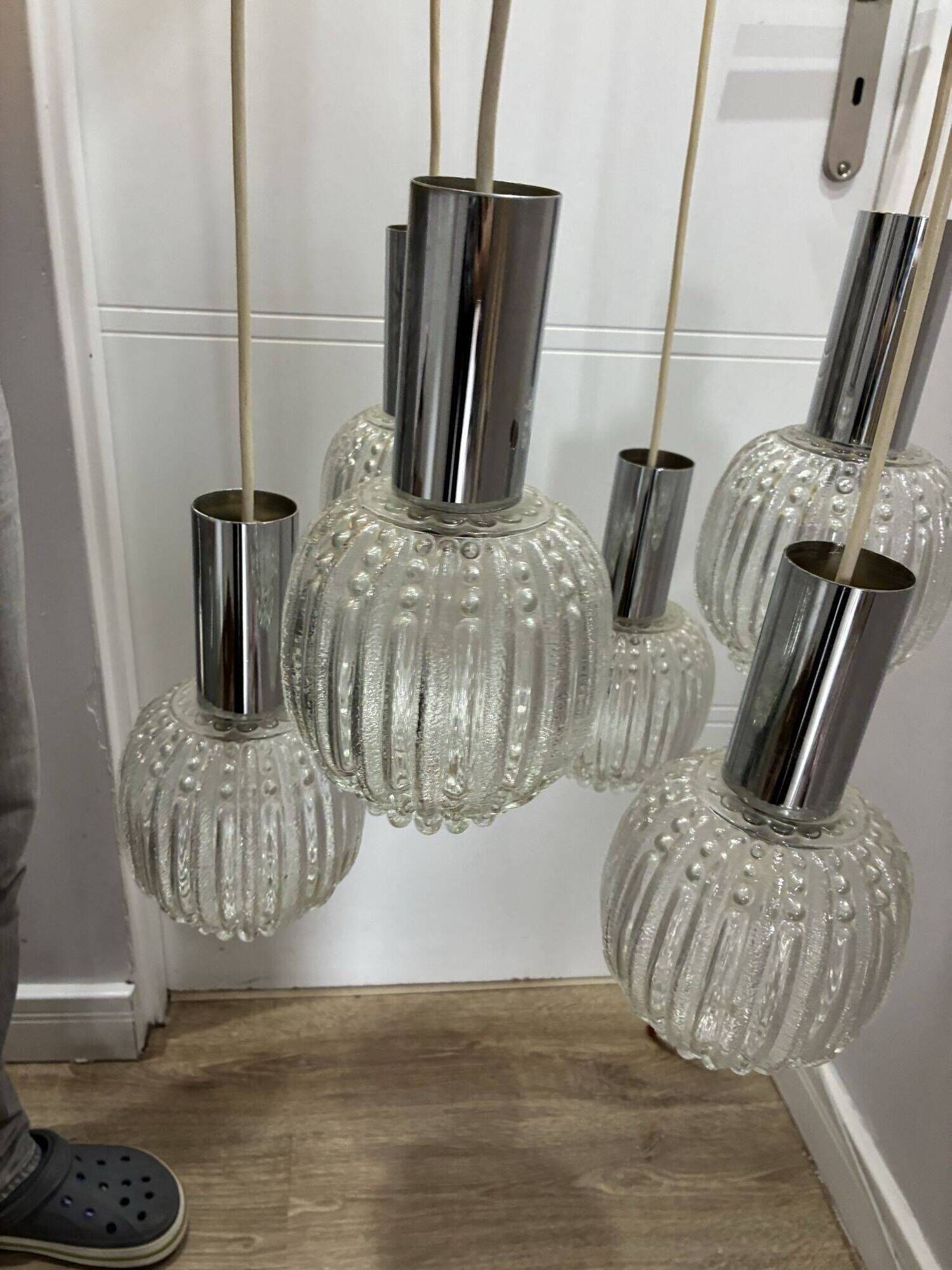 Sölken Leuchten cascade pendant lamp, textured glass and chrome, 1970s